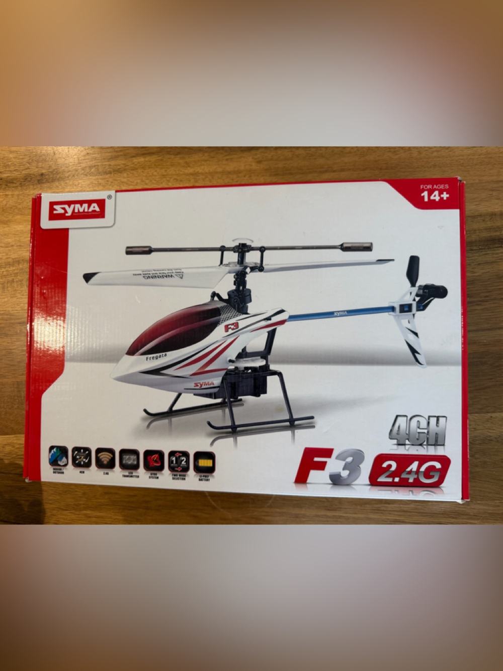 Syma F3 RC Helicopter in White and Red with Blue Tail- missing parts